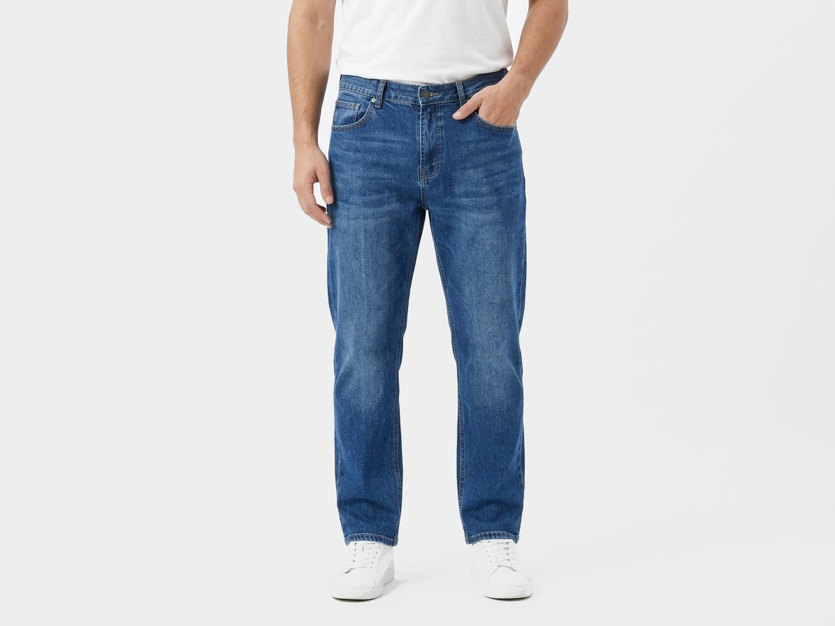 DISTRICT 99 Core Blue Straight Jeans, front model view showing the straight-leg silhouette and core blue wash.
