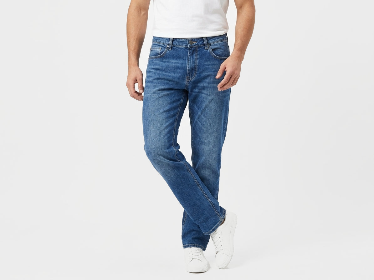 DISTRICT 99 Core Blue Straight Jeans, three-quarter model view showing the straight-leg silhouette and core blue wash.