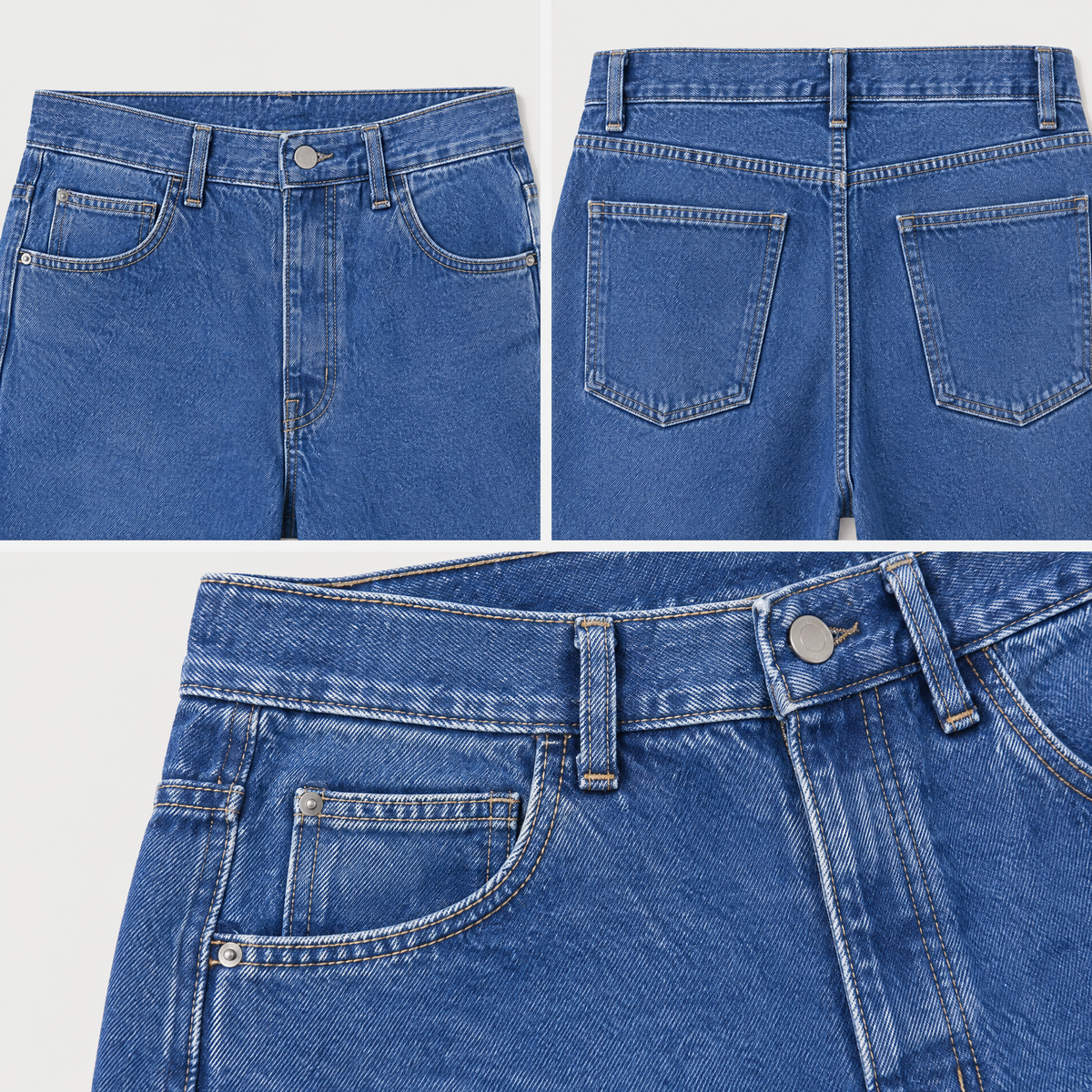 DISTRICT 99 Core Blue Straight Jeans, construction detail composite showing the front waist, back pockets and waistband details.